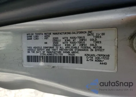 2001 Toyota Tacoma из США, поврежденный, VIN 5TENL42N61Z751733